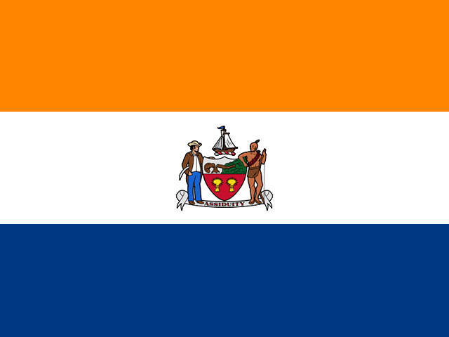 A horizontal tricolor flag of orange, white, and blue with a central coat of arms depicting two figures, a ship, and a shield.