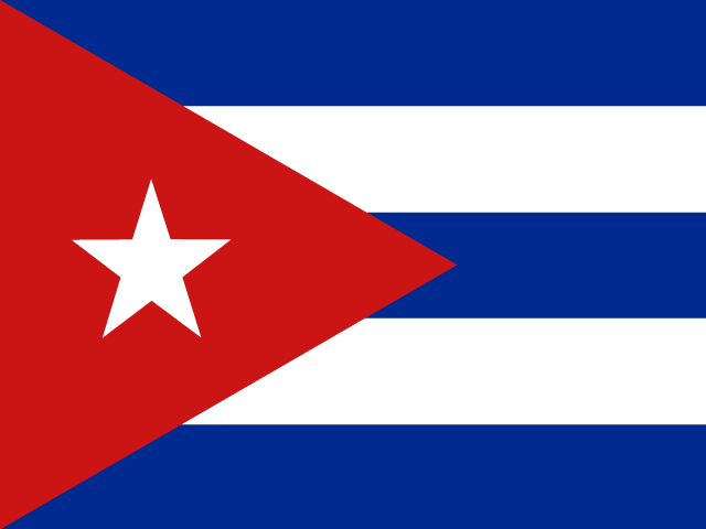Flag of Cuba featuring five alternating blue and white horizontal stripes, with a red triangle on the left containing a white five-pointed star.