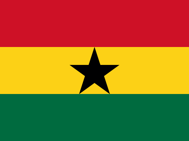 The national flag of Ghana with red, yellow, and green horizontal stripes and a black five-pointed star in the center of the yellow stripe.
