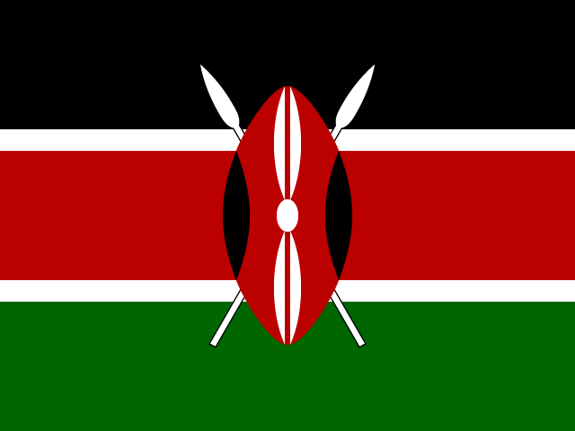 The flag of Kenya with black, white, red, and green horizontal stripes, a Maasai shield, and two white crossed spears in the center.