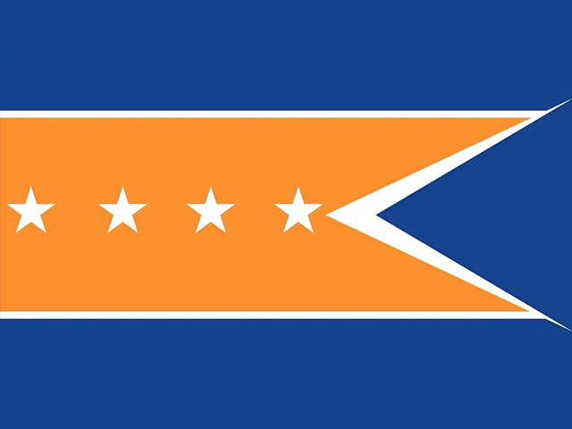 A flag with a blue background, an orange horizontal triangle bordered in white containing four white stars, and a blue triangle on the right edge.
