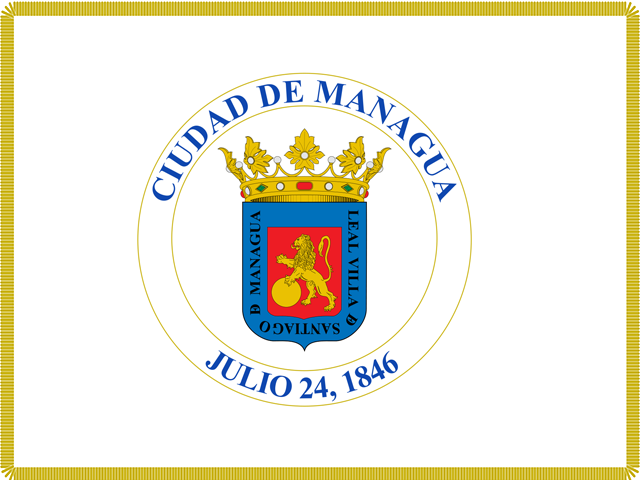 Flag of Managua featuring the city coat of arms with a crowned shield, lion, and blue text that reads