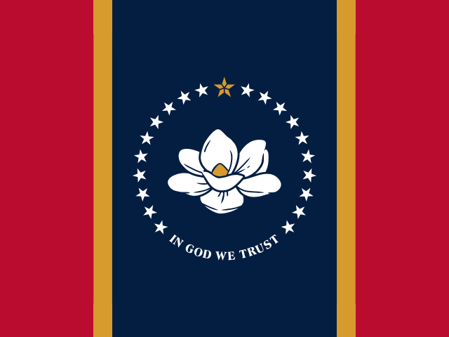 The Mississippi state flag featuring a white magnolia blossom, a gold star, twenty white stars, and the phrase