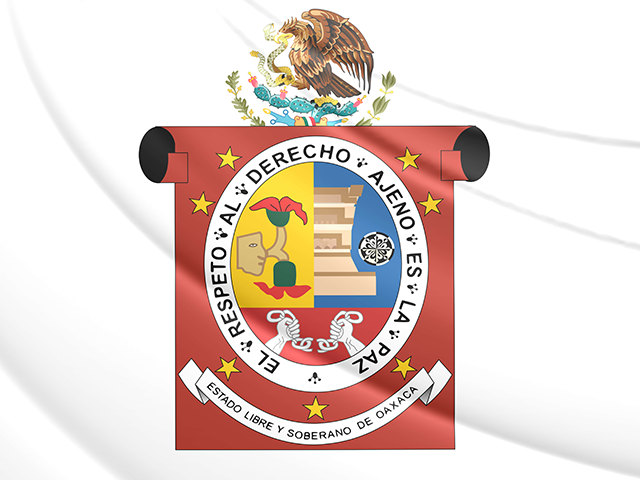 The coat of arms of Oaxaca, Mexico, features a scroll with symbols, a surrounding motto, and the Mexican national emblem above.