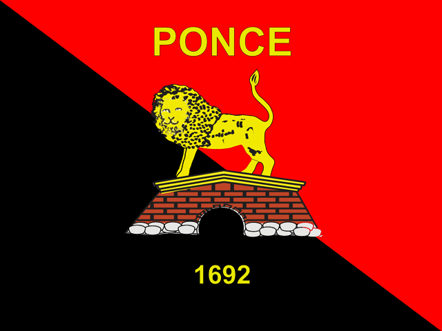 Flag with a black and red diagonal background, a yellow lion on a brick bridge, and the words