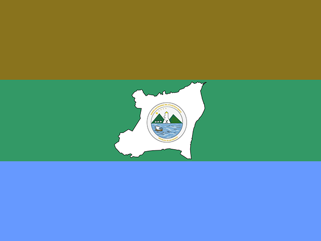 A flag with horizontal brown, green, and blue stripes, featuring a white map outline in the center with a circular seal depicting mountains, water, and a volcano.