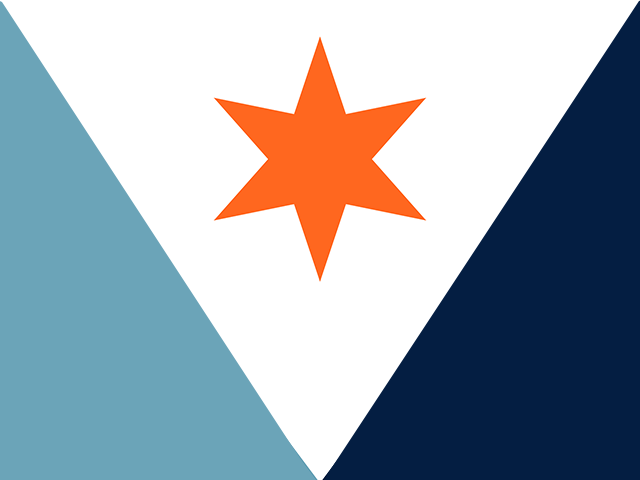A flag with a white V shape dividing light blue on the left and dark blue on the right, featuring an orange six-pointed star in the center.
