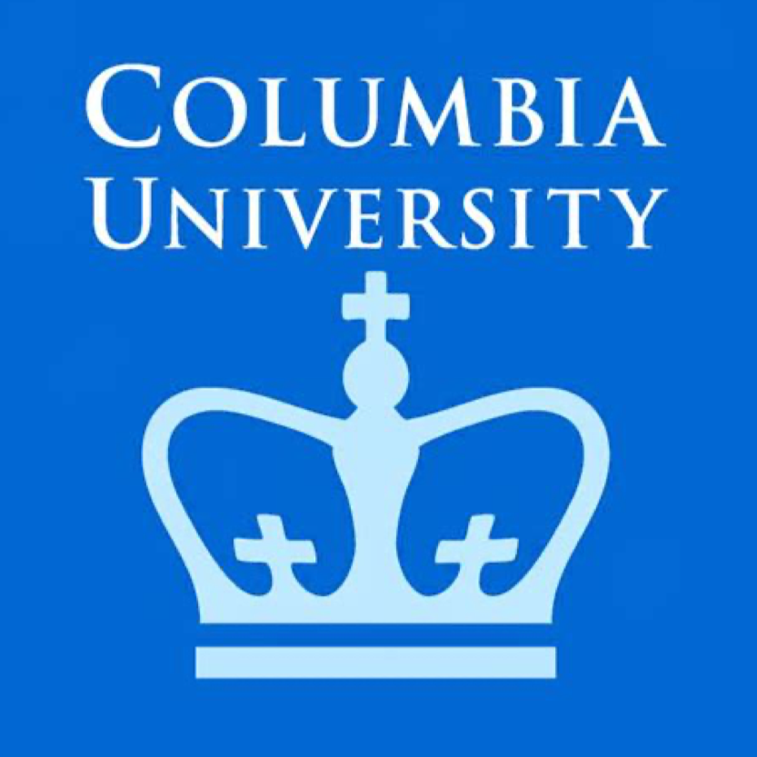 Columbia University logo featuring white text and a crown symbol on a blue background.