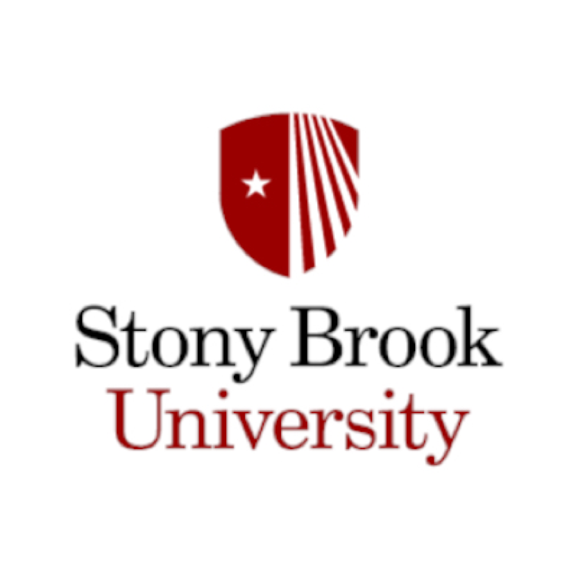 Stony Brook University logo featuring a red shield with a white star and lines, and the university name in black and red text below.