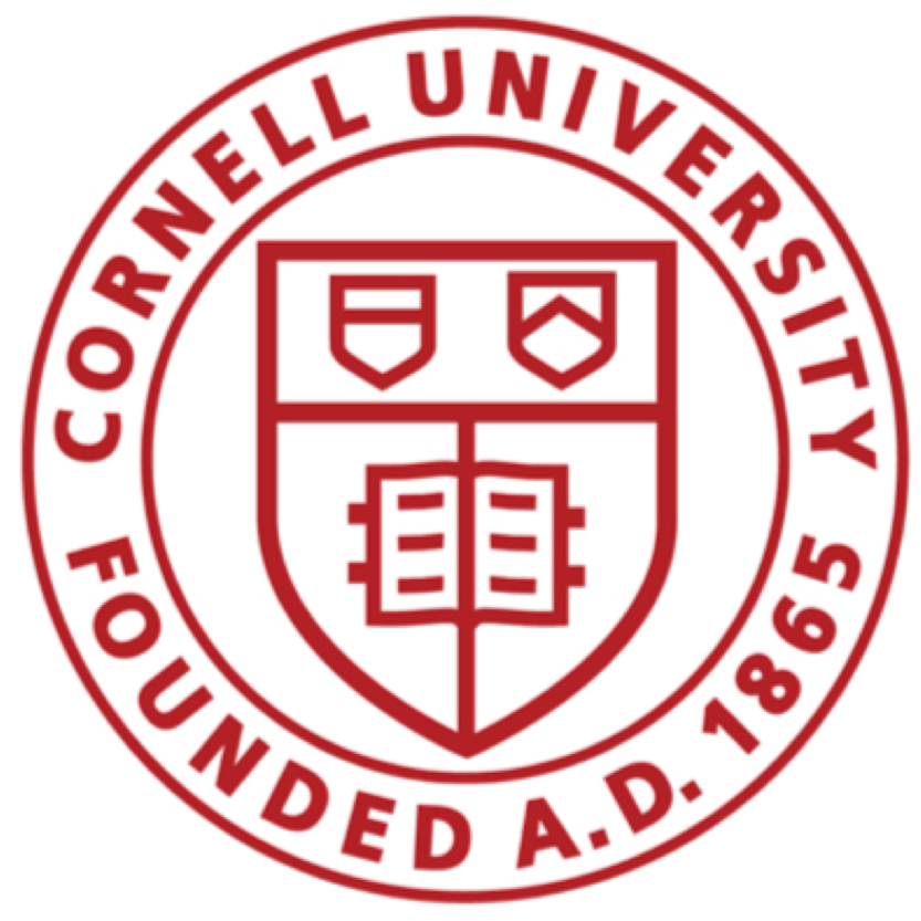 Red and white Cornell University seal featuring a shield with two chevrons and an open book, encircled by the text 