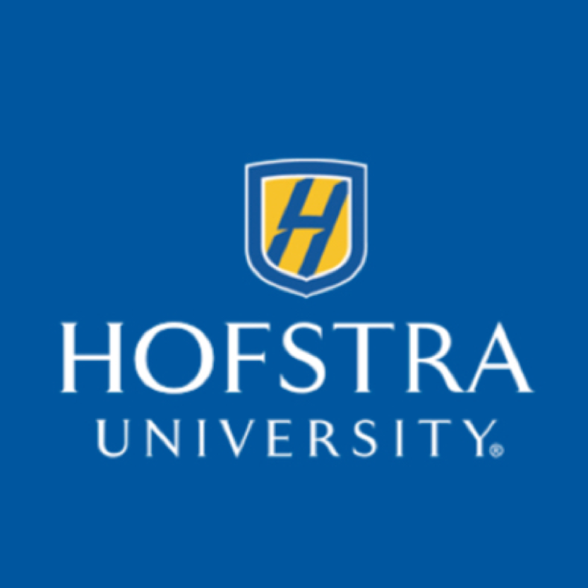 The Hofstra University logo features a yellow and blue shield with an 