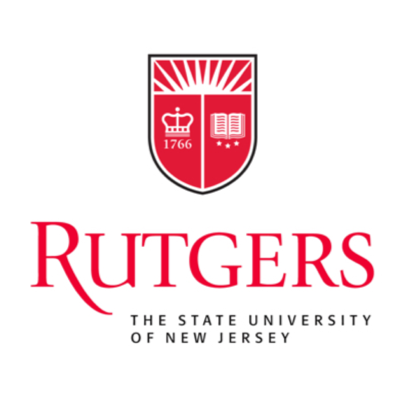 Rutgers University logo featuring a red shield with a crown, book, and sunburst, and the text 