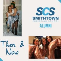 Two women are pictured together at two different times in their lives, alongside the Smithtown Christian School Alumni logo and the text 