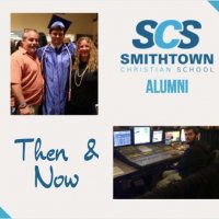 A Smithtown Christian School alumni collage with a graduation photo, the SCS logo, and an image of a man at a control panel, labeled 