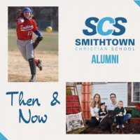 A collage shows a softball player pitching, the Smithtown Christian School Alumni logo, and a family with two kids and two dogs, labeled 